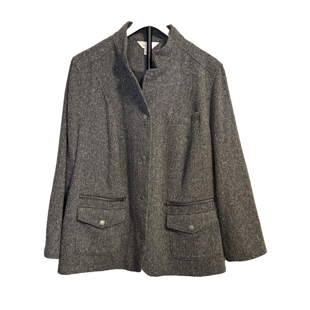 L.L.Bean Women's Tweed Jacket Coat 2X Gray Herringbone Elbow Patch Snap Front